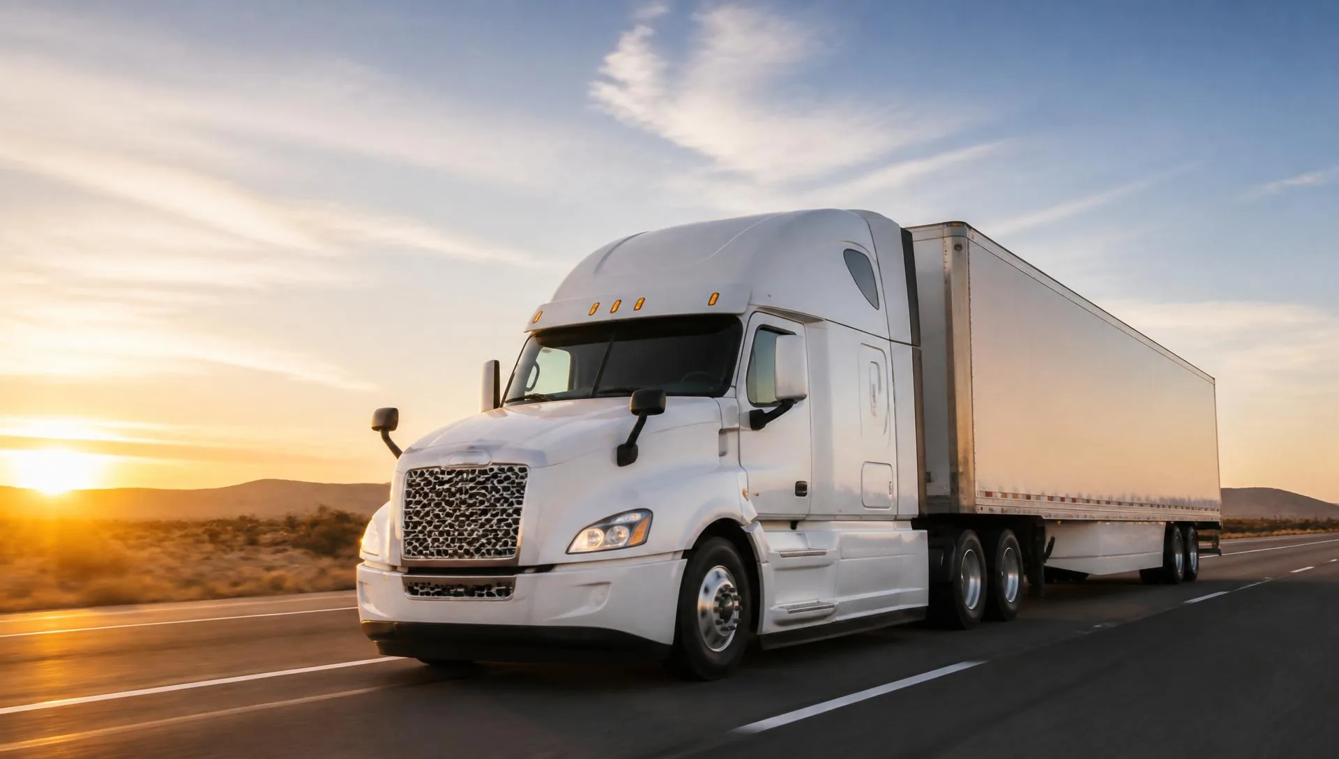 Semi-truck driving on a US highway at golden hour